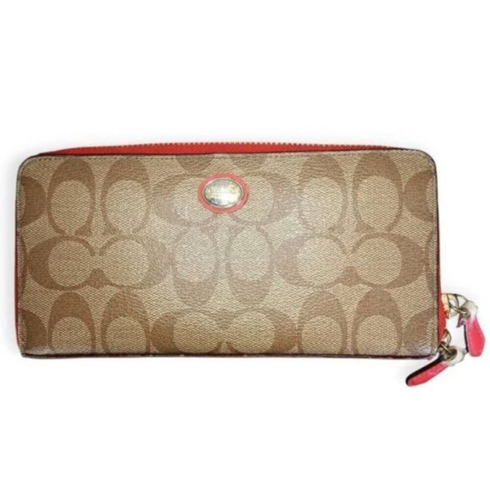 Coach Peyton Signature Accordion Zip Wallet Red & Tan W/Dust Bag GUC - Picture 2 of 14